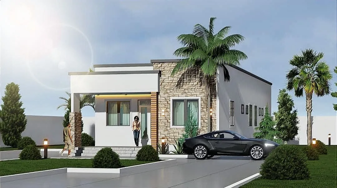 Charkoz Boulevard - One of the 3 Bedroom single unit off-plan properties for sale at Spintex Baatsona. It has a sports car parked in front, two tall palm trees and a man and woman also in front.