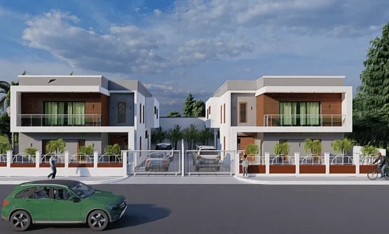 Charkoz Boulevard twin building - Each a Single story 4 bedroom luxury property. There are two cars parked within the compound of each house which fenced.