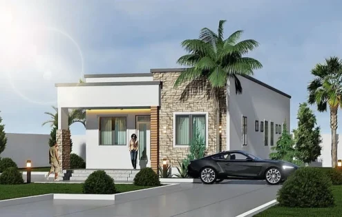 Charkoz Boulevard - One of the 3 Bedroom single unit off-plan properties for sale at Spintex Baatsona. It has a sports car parked in front, two tall palm trees and a man and woman also in front.